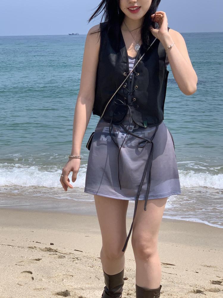 여자 리버시블 투웨이 레더 베스트 아일렛 조끼