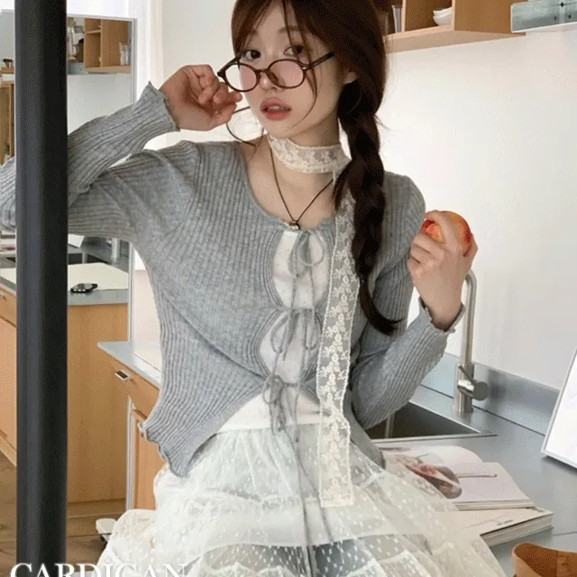 [리본스트랩ෆ허리쏘옥ෆ부드러워요]리제 여리 슬림핏 리본 트임 골지 니트 가디건 3color