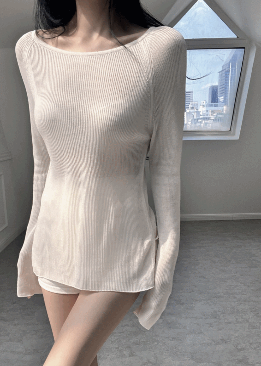 여름 입술넥 보트넥 쇄골라인 시스루 골지 니트티 4컬러