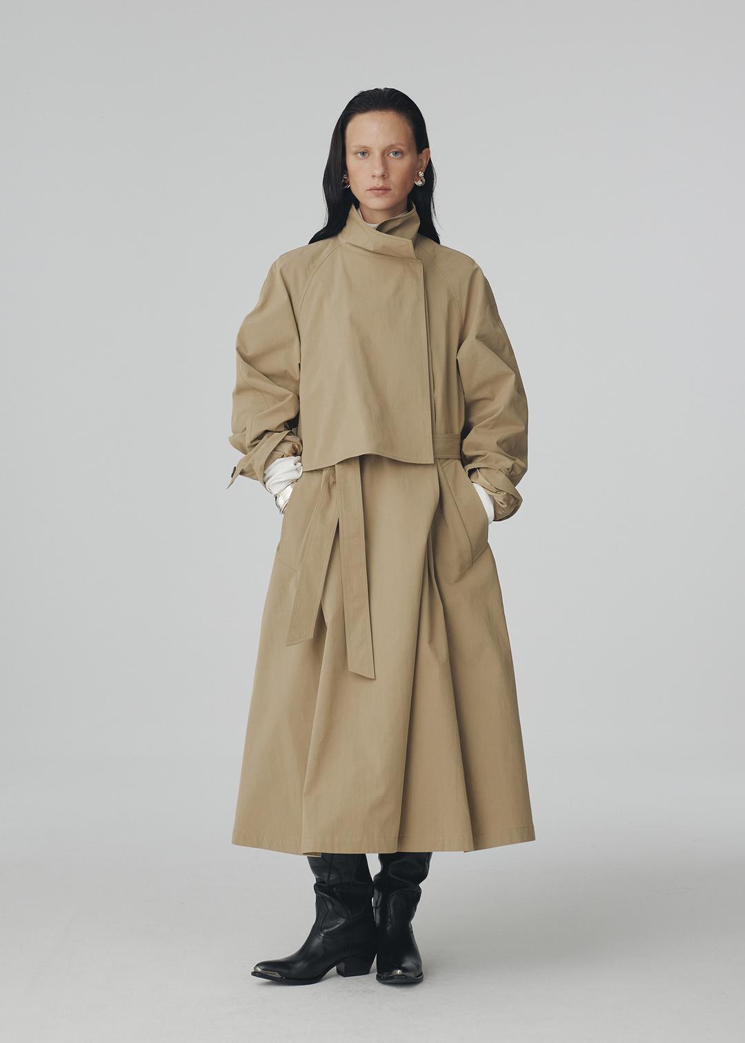 High Neck Flare Trench Coat, Military Beige