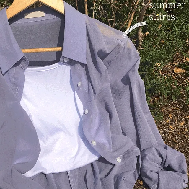 [ 강추/무조건소장 ] 은은한 비침의 시스루셔츠 / 간절기 장마철 얇고 시원한 여름긴팔 / 햇볕차단 살탐방지! 오버핏 롱남방 / 여름블라우스 간절기셔츠 기본셔츠 오버핏셔츠