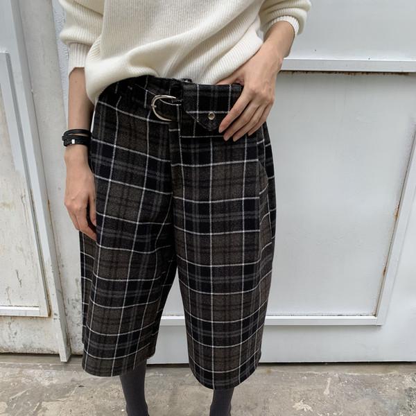 LONSLAN British style check woolen cropped trousers with waist bag