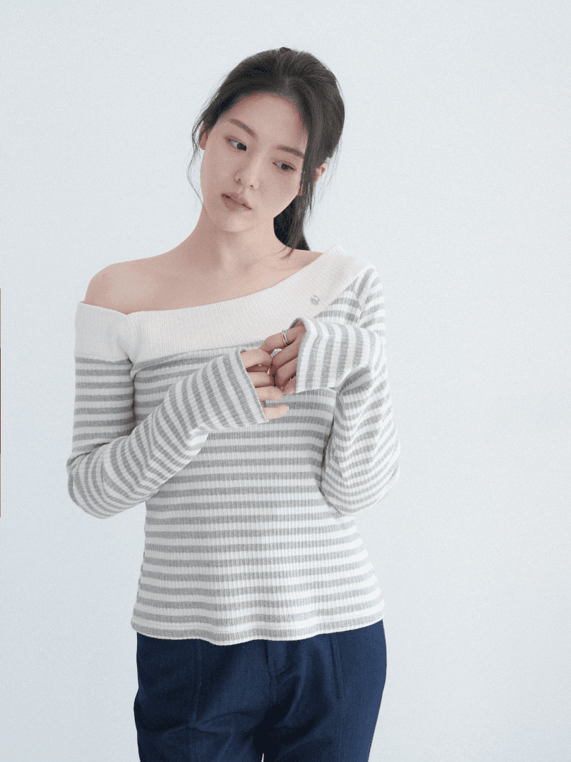 123앙드트와 [NouArté] 이네 스트라이프 원숄더 탑 (그레이)