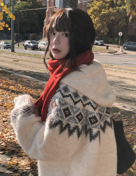 [오버핏/빈티지] 도어즈 노르딕 자가드 떡볶이 후드 니트 가디건