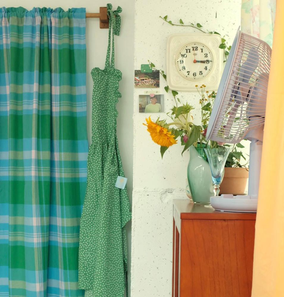 green pink check fabric