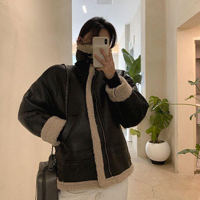 [하이퀄/양털빵빵] 밀리언 페이크 레더 레자 가죽 양털 안감 오버핏 집업 하이넥 카라 오버핏 루즈핏 무스탕