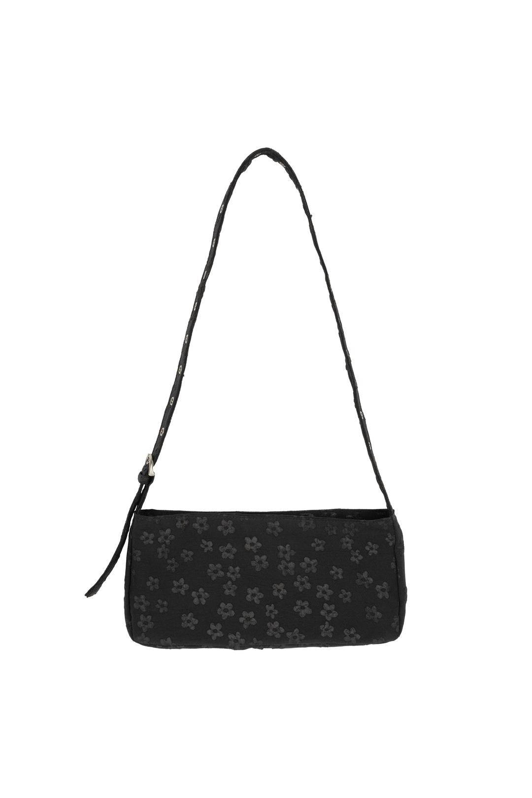 EYELET STRAP JACQUARD SHOULDER BAG, BLACK
