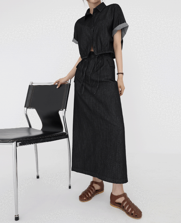 케이 생지 반팔셔츠 카고 롱스커트 셋업 (one color)