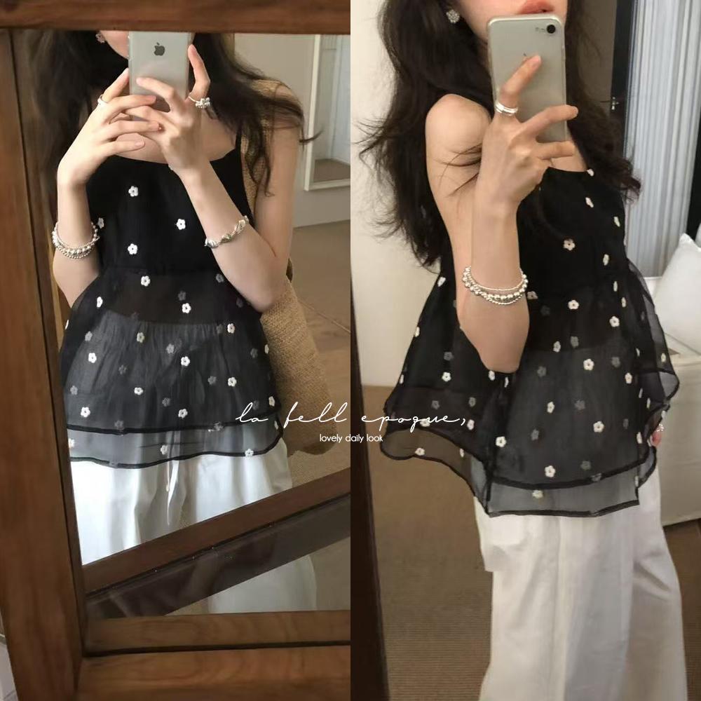 클로버 여름 더블 쉬폰 플라워 자수 뷔스티에 끈나시 블라우스
