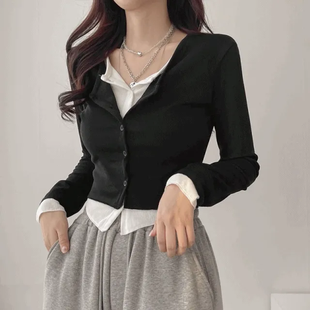 트윈 레이어드 코디 배색 가디건 4color