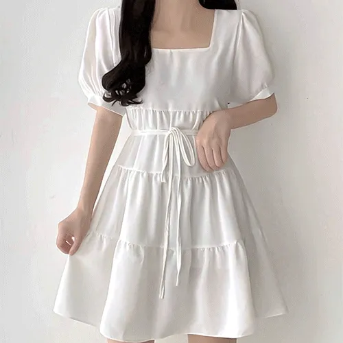 [남친 pick/청순여리] 로망스 스퀘어넥 쉬폰 리본 프릴 캉캉 미니 미디 반팔 원피스