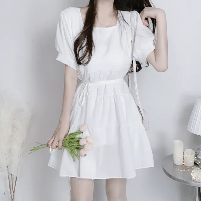 [살랑쉬폰/청순무드] 스퀘어넥 반팔 퍼프 티어드 캉캉 허리끈 리본 쉬폰 원피스