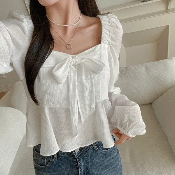 이즈니리본플레어BL(3c) 봄블라우스 스퀘어블라우스 쇄골강조 하늘하늘 샤랄라 여리청순 하객룩 출근룩 크롭블라우스