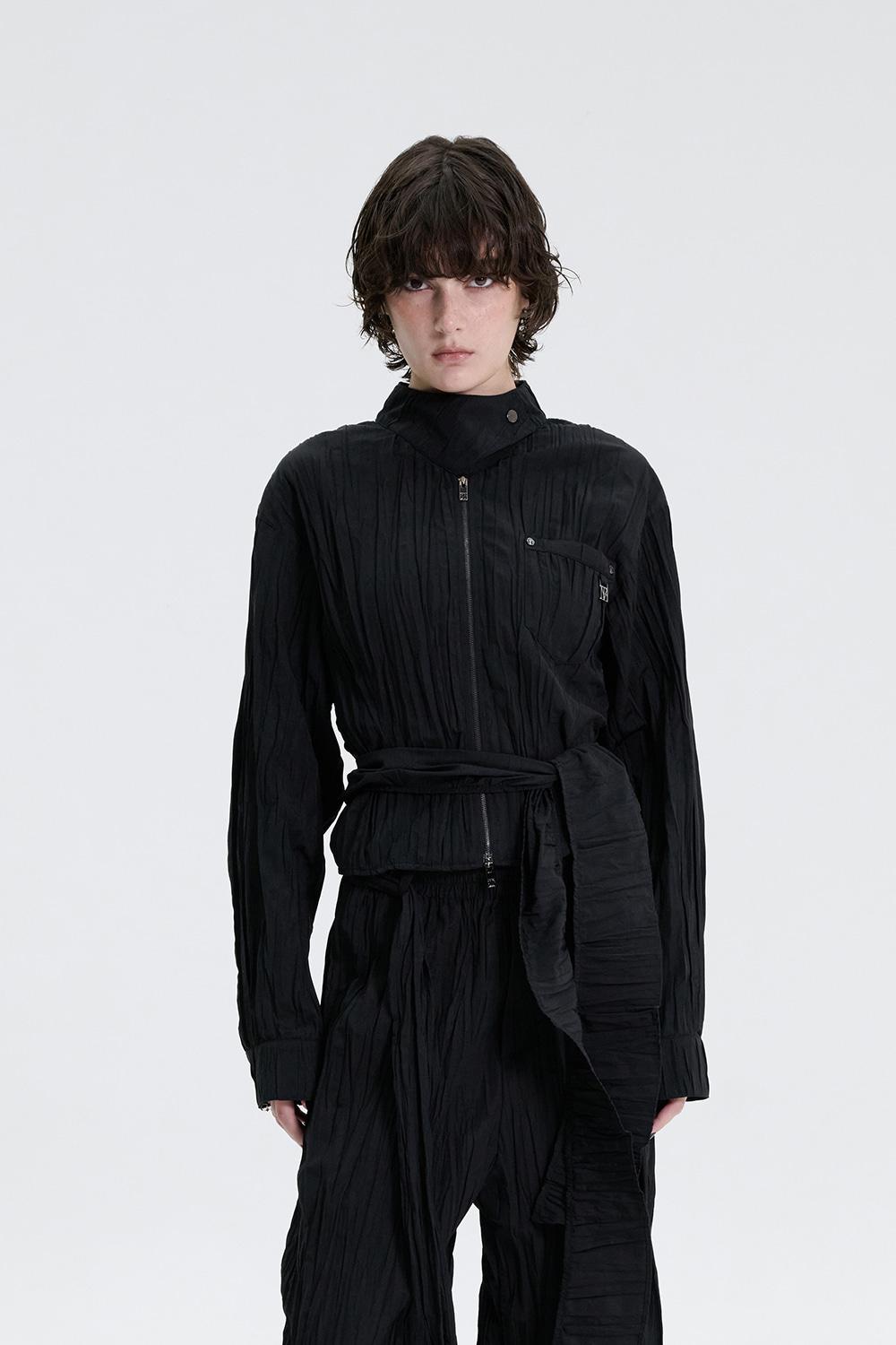 Crinkle Back Tie Set-up Shirt [ Black ]