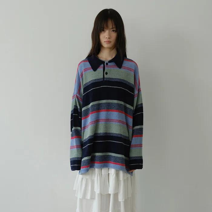 MULTI STRIPE COLLAR TERRY KNIT PULL OVER, MINT