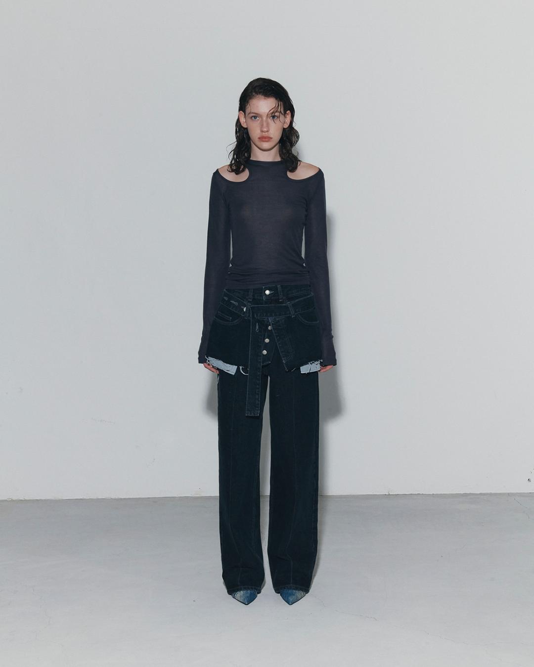 DOUBLE LAYER BELTED DENIM, DARKGREY