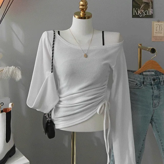 [몸매보정핏❣️허리잘록! 스트랩셔링 오프숄더 니트티셔츠] 원탑스트랩셔링니트티