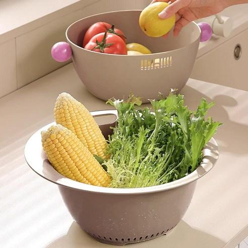 머츠샵 과일 야채세척 원형 채망 손잡이 이중 채반, 코코아, 1개