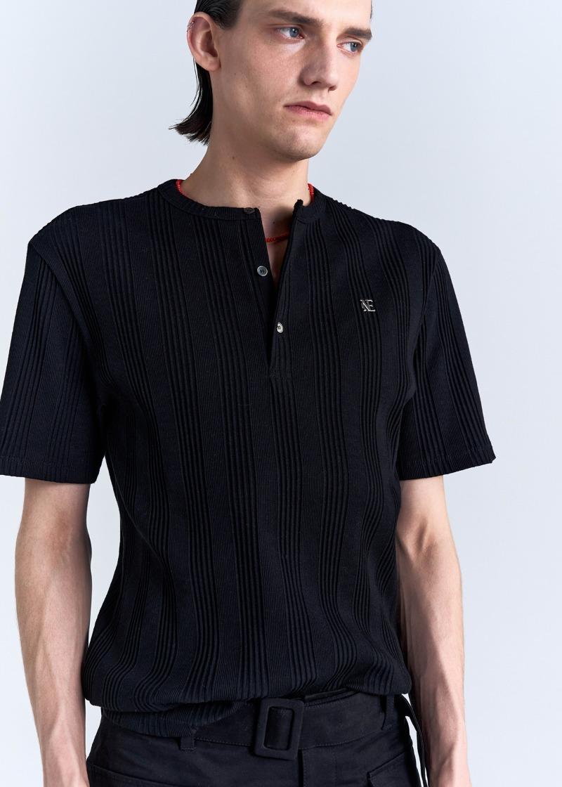 COTTON RIBBED HENLEY NECK - BLACK