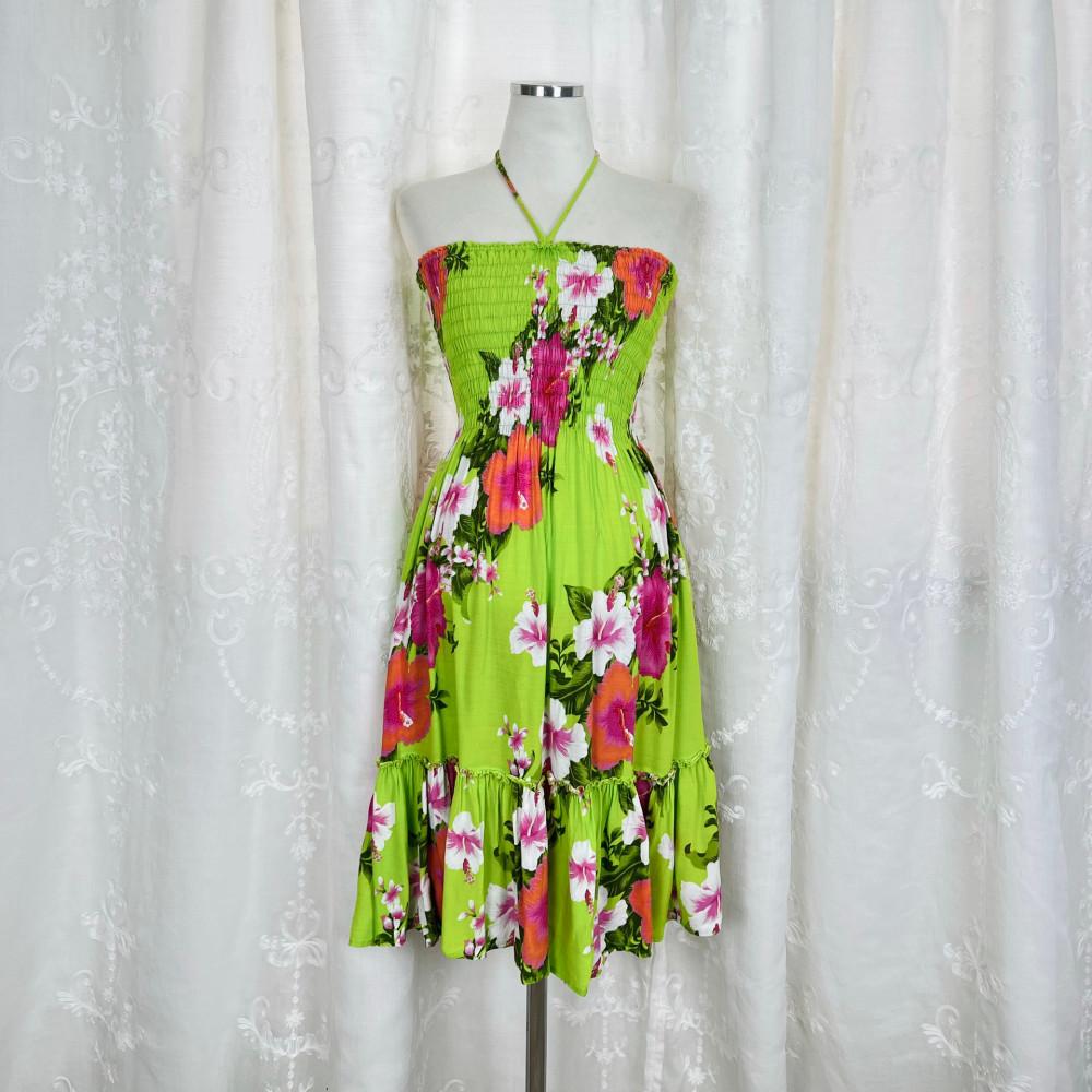 [중고] 1616 연두색 플라워 하와이안 홀터넥원피스