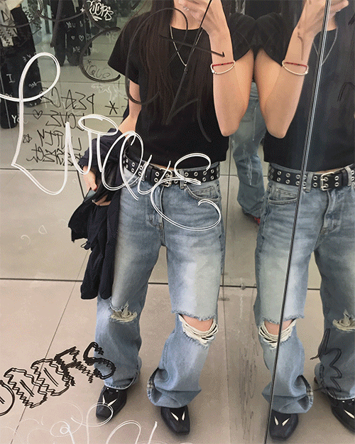 [unisex] 밀크 데미지 와이드 데님