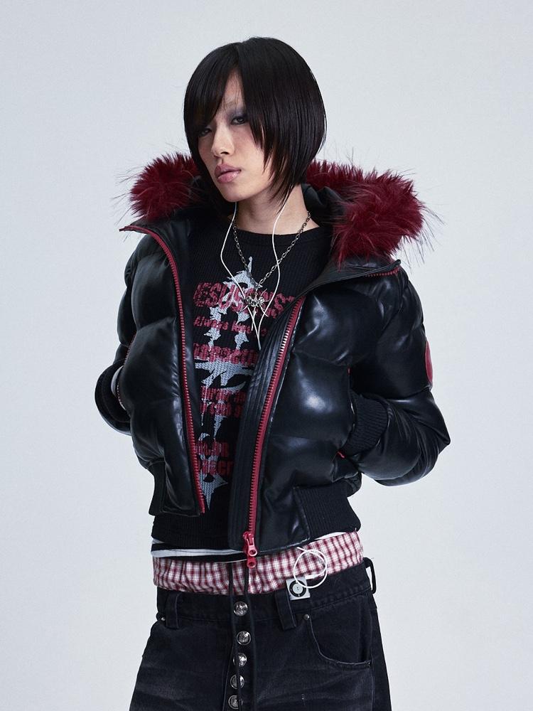 NONAME SPACE Leather fur collar cotton padded jacket