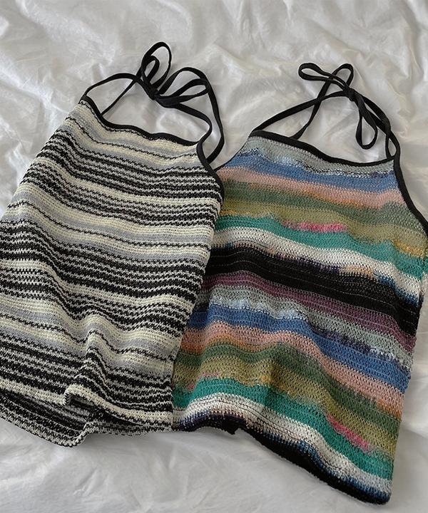 에이비글 [단독] [2컬러🏖] 시스루 써머 홀터넥 비비드 스트라이프 백트임 나시 민소매 크롭 탑 탱크탑 튜브탑