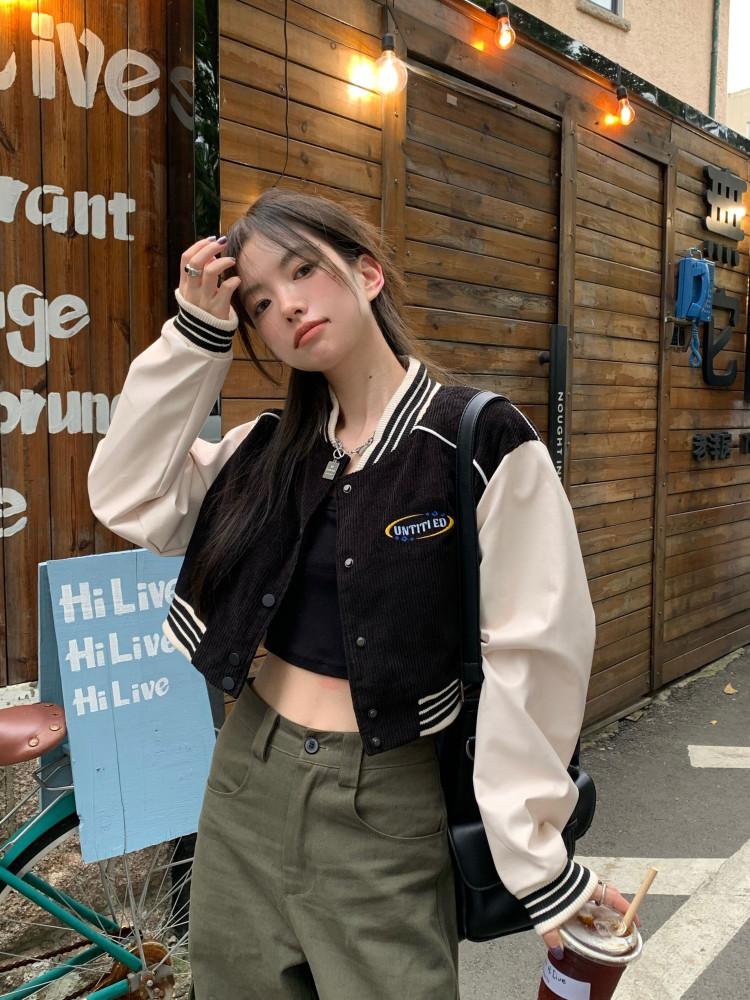 오발 로고 코듀로이 레더 크롭 자켓 바시티자켓