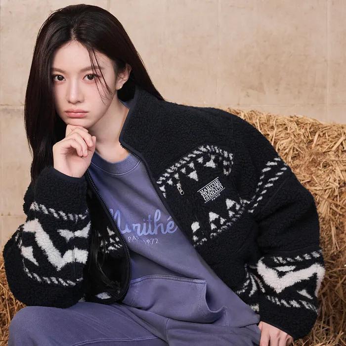 ETHNIC PATTERN FLEECE JACKET navy