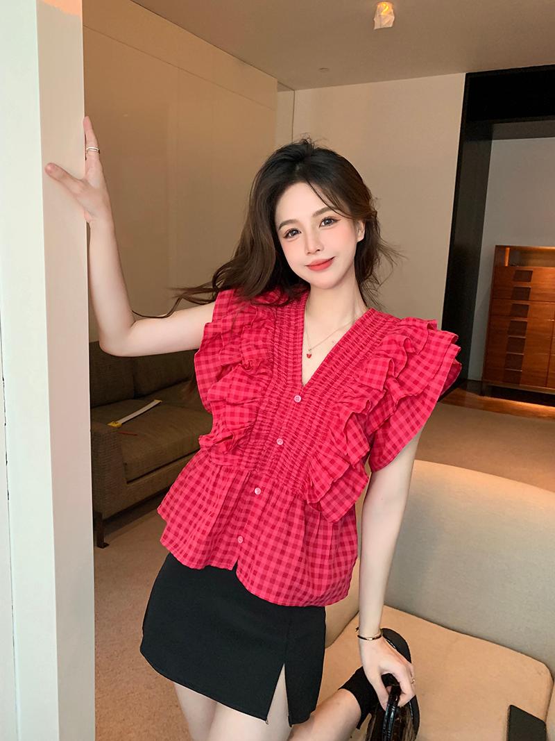 V넥 레이스 프릴 숄더 스모크밴딩 체크 민소매블라우스