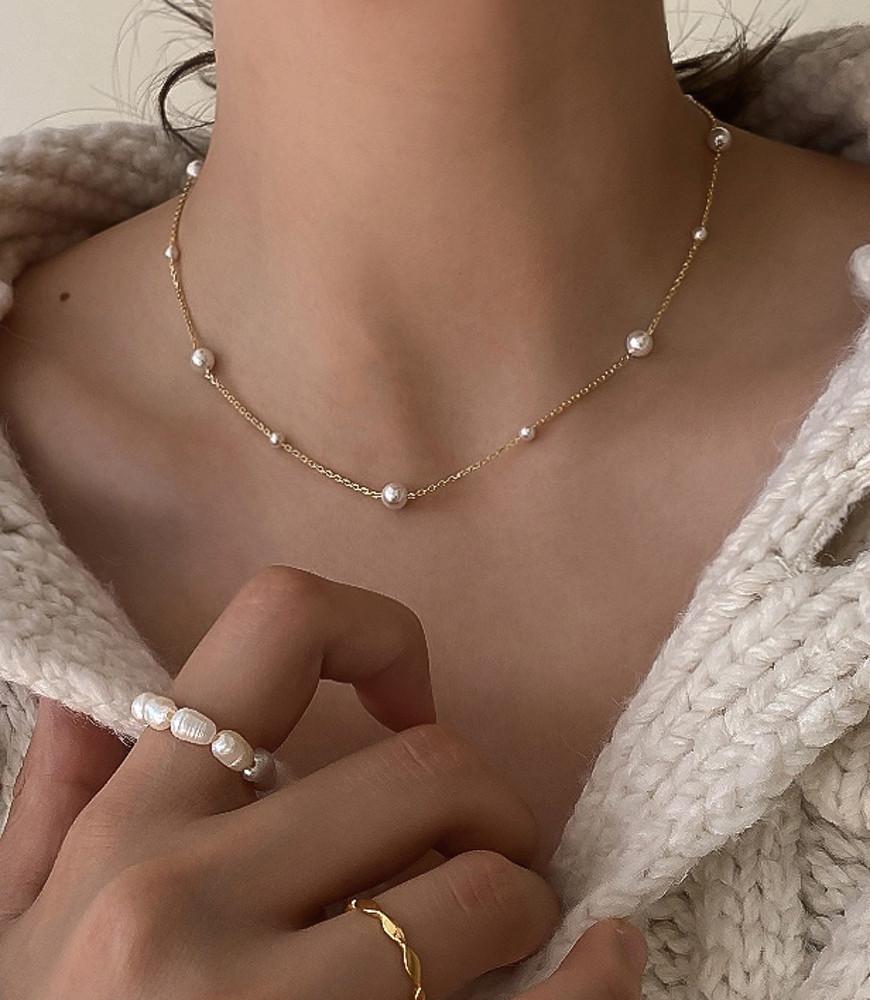 [925실버] 순수 펄 데일리용 지그재그 실버 진주목걸이