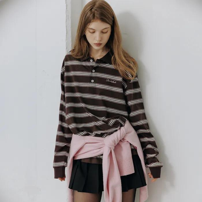 UNISEX MULTI STRIPE COLLARED T-SHIRT BROWN STRIPE_UDTS5C119W2