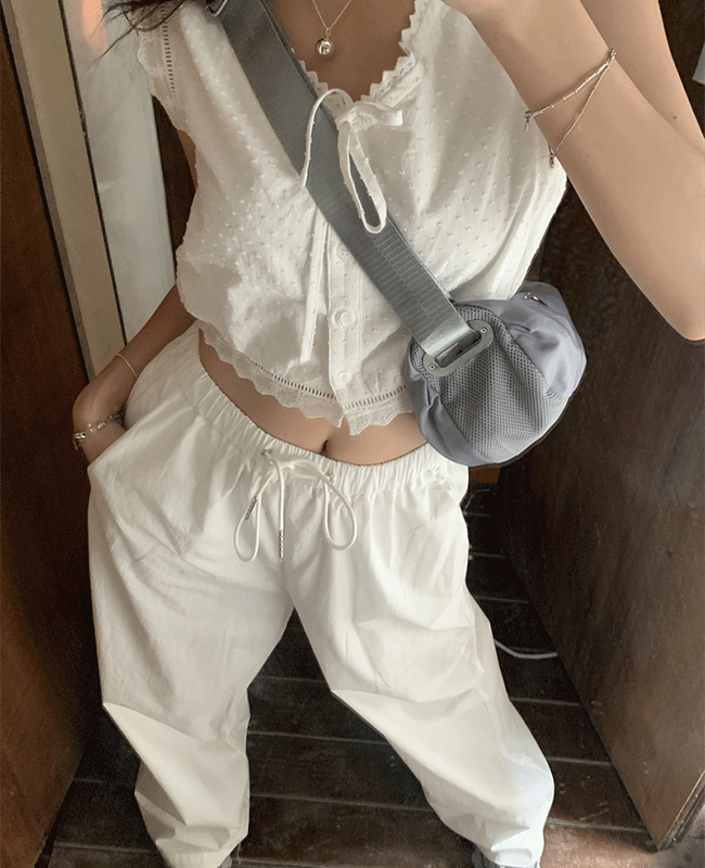 오호 화이트 코튼 밴딩 와이드 롱 팬츠 하이틴 힙 코튼팬츠 롱바지 봄바지