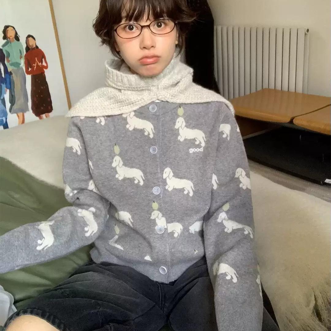 MeihaoStore 닥스훈트 크롭 가디건 강아지 라운드넥 그레이 버튼 가디건