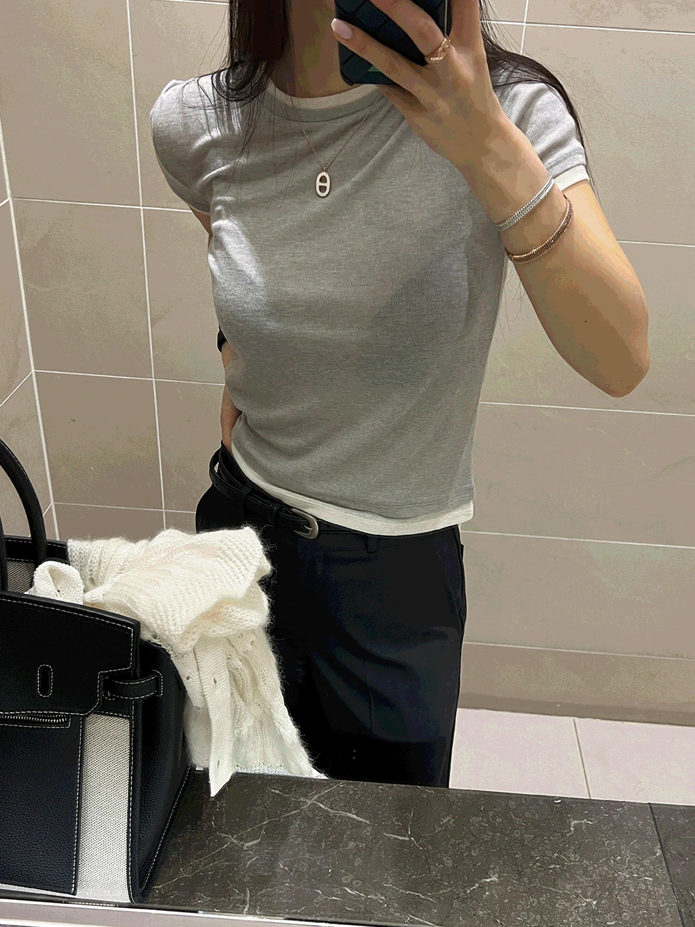앤드 배색 레이어드 반팔티