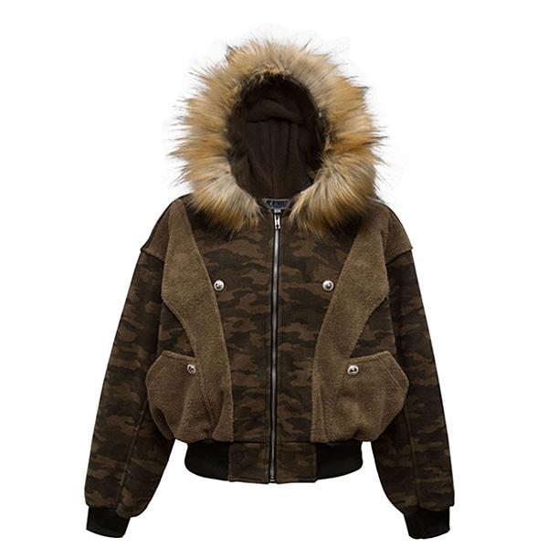 Camouflage Fluffy Fur 2Color Hood Fleece Jacket (1897)