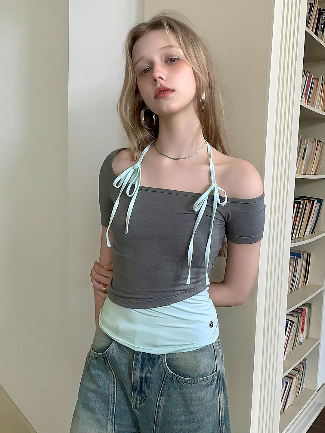 [UENA] Strap Halter Neck Two-Piece Top