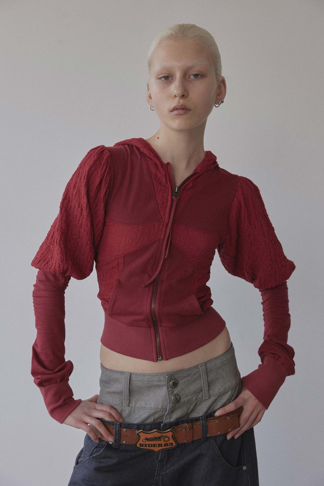 Puff Sleeve Zip-Up Hoodie Red