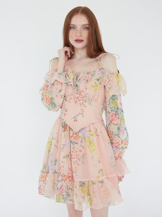 Flower party off shoulder dress (Peach beige)