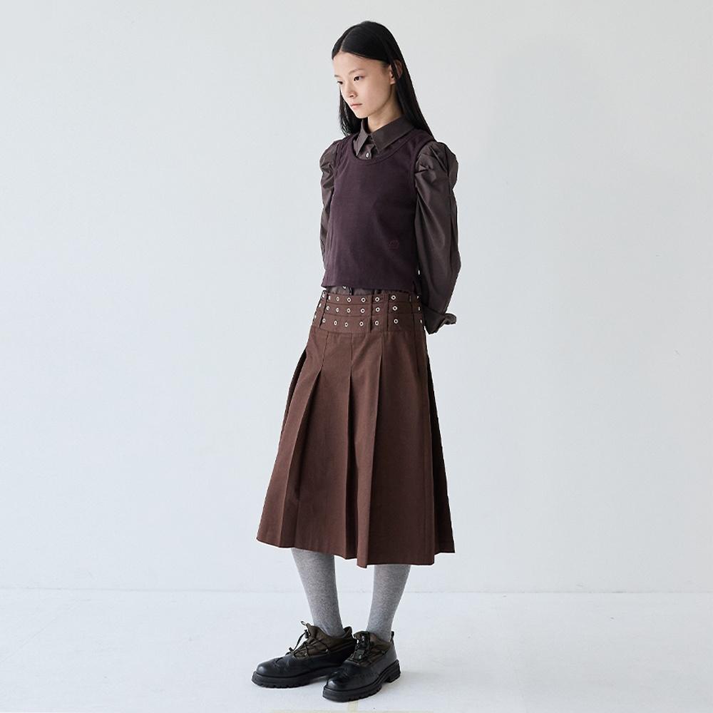 EYELET PLEATS SKIRT _ BROWN