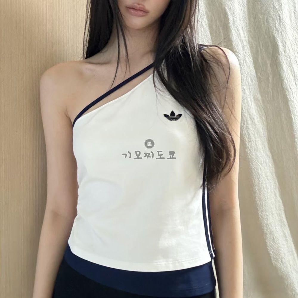 아디다스 오리지널 우먼스 원 숄더 삼선 슬림핏 탱크탑 민소매 화이트 KY5696