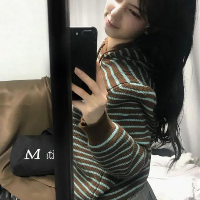 [최저가]민트초코 브라운 스트라이프 배색 후드 후드니트