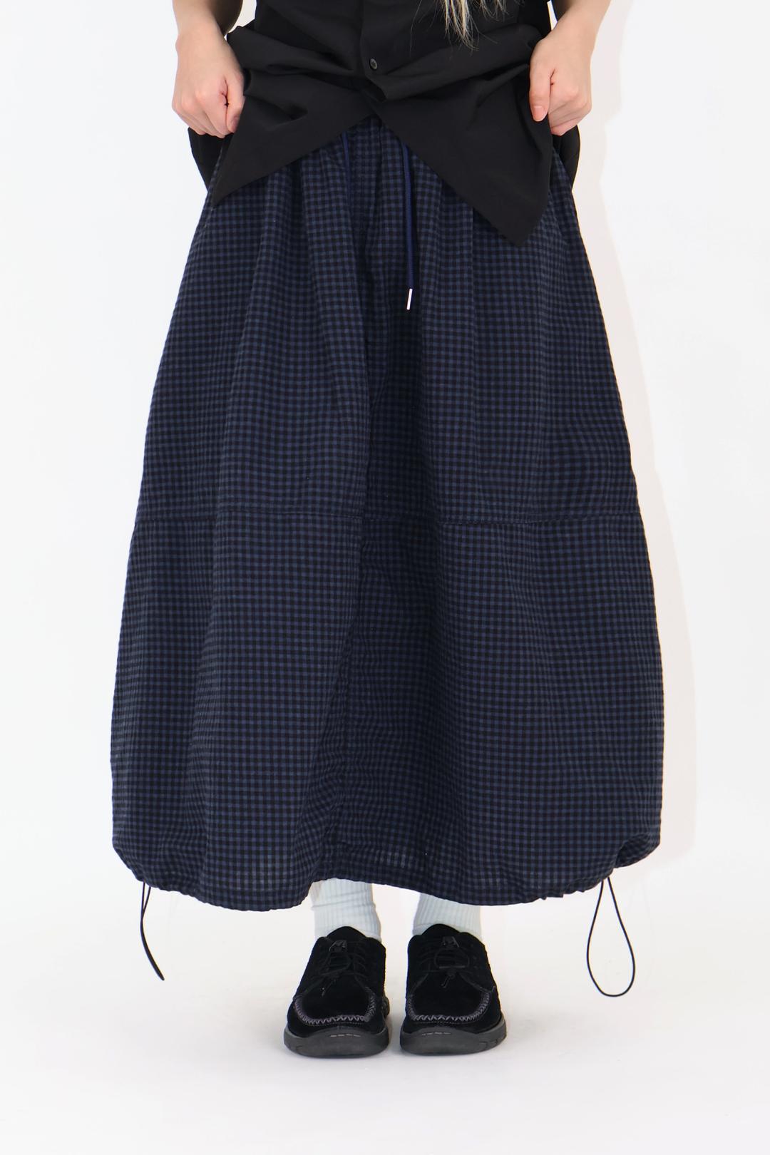모던 빈티지 셔링 체크 벌룬 롱 스커트