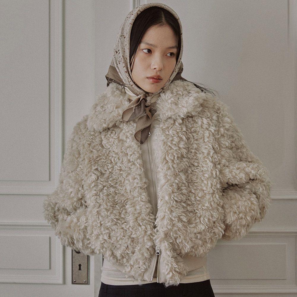 CROPPED ZIP-UP FUR JACKET / BEIGE GRAY