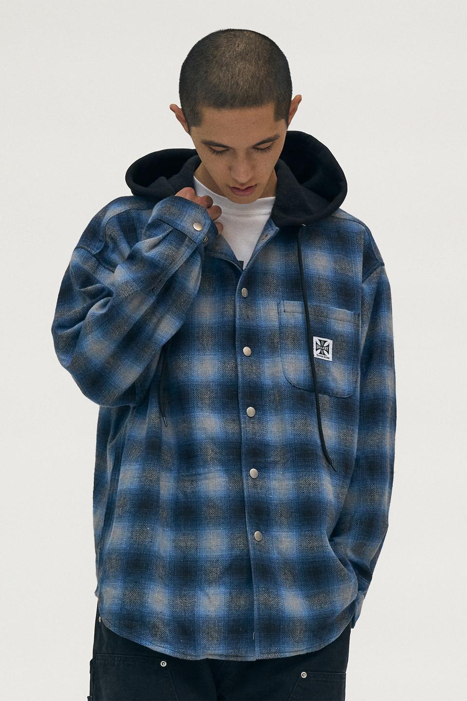 FLANNEL OMBRE CHECK HOODED SHIRT [BLUE]