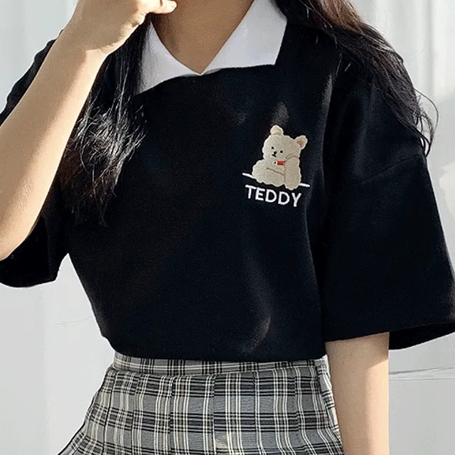 [귀여움보장] 테디 카라 자수 반팔티 색감이뻐요!⚡만장돌파⚡곰돌이 반팔카라 오버핏 루즈핏 반팔 카라티 귀염뽀짝 셔츠 베어 핑크