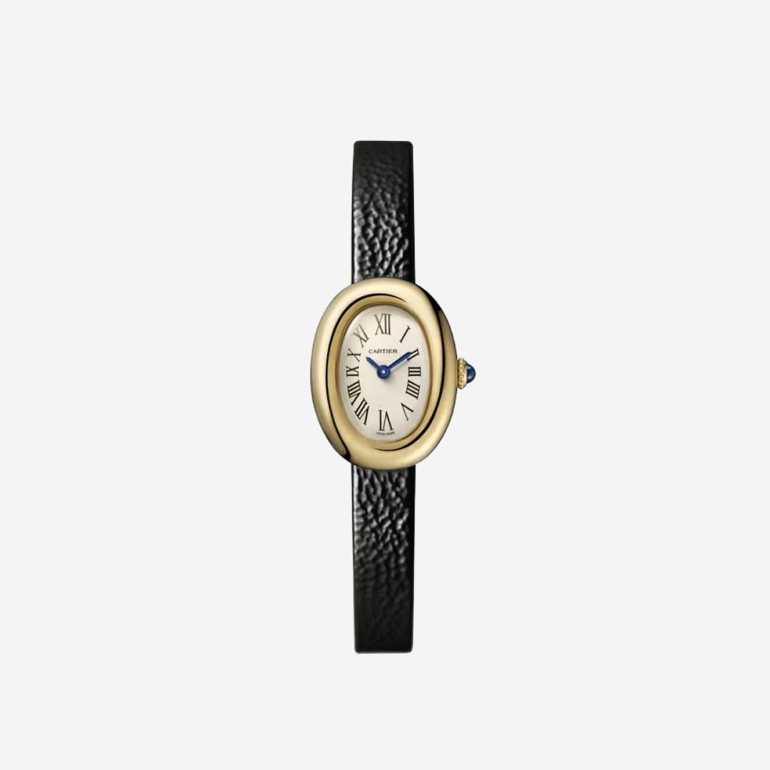 Cartier Baignoire Watch Mini Quartz Yellow Gold Calfskin Black
