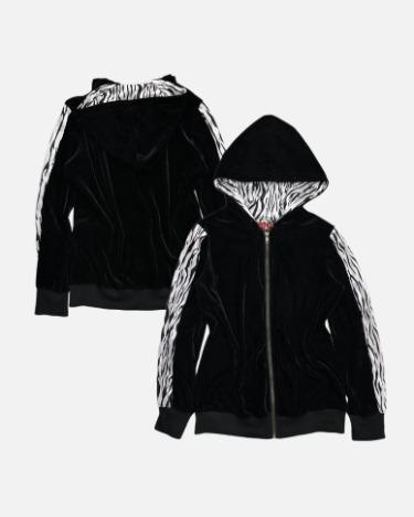 zebra detail vevlet hood zip-up
