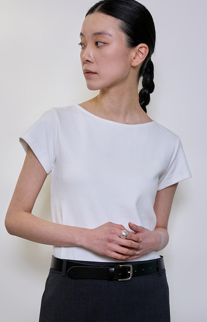Boat-neck Short-sleeve T- shirt_White