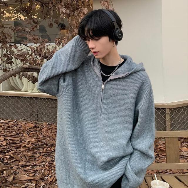 루즈핏 니트 후드 반집업
